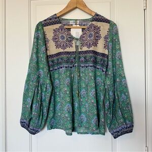 NWT House of Skye Bohemian Floral Green Blue Blouse, small medium